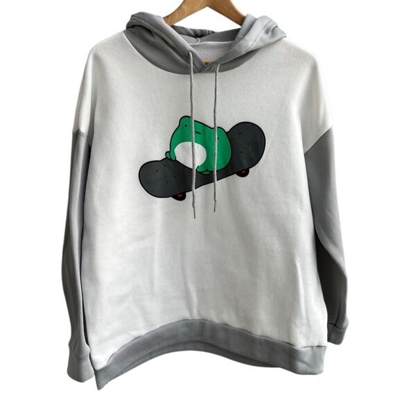 🌴 Cute Frog Skateboard Hoodie White Gray Size M - Picture 3 of 9